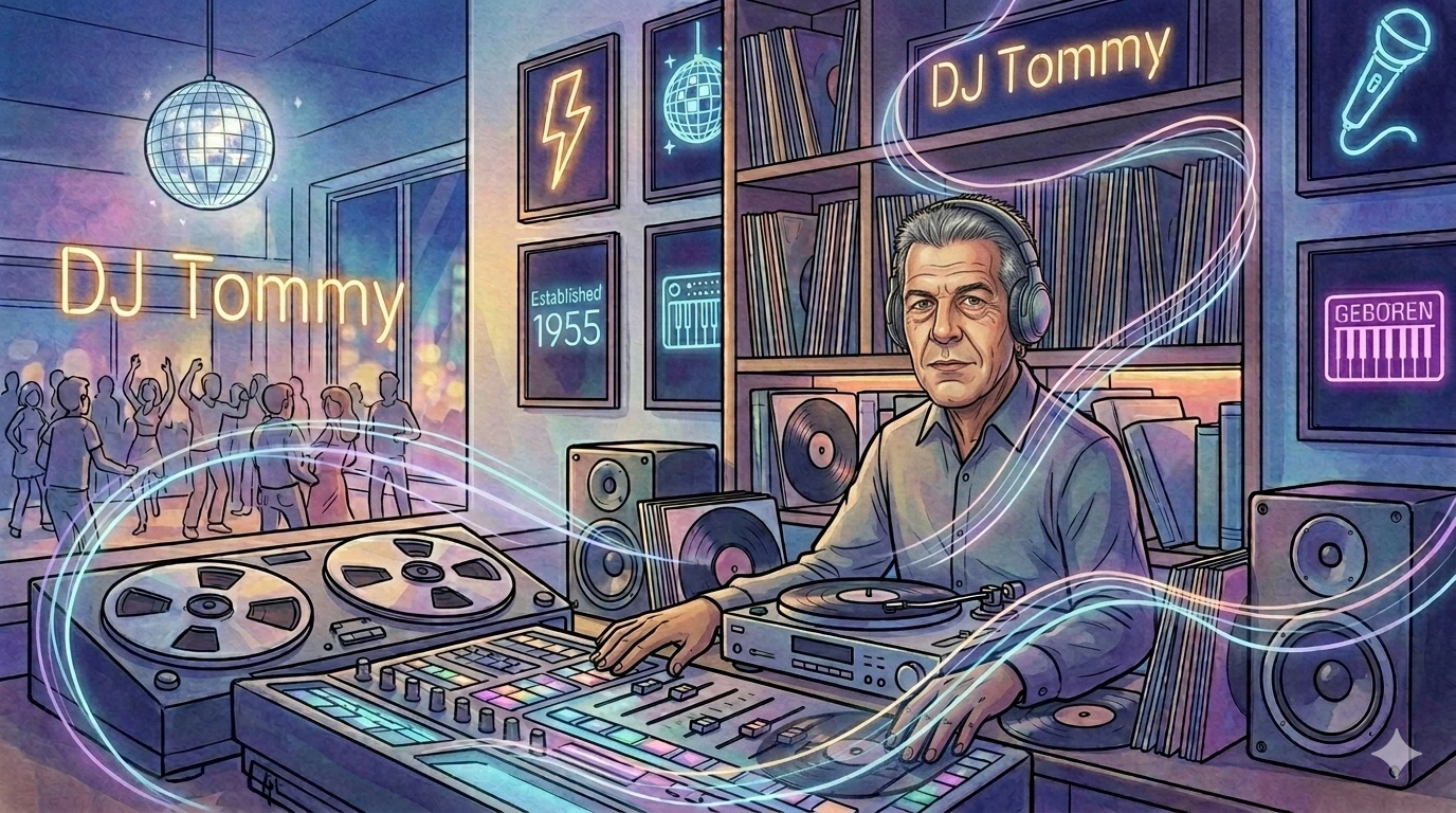 Panorama-Illustration im Watercolor-Comic-Stil: Unverkennbares, realistisch skaliertes Porträt von DJ Tommy (Thomas, geb. 1955) an den Plattentellern im DJ-Booth einer 1970er Jahre Discotheke vor einem Regal mit Vinyl-LPs.