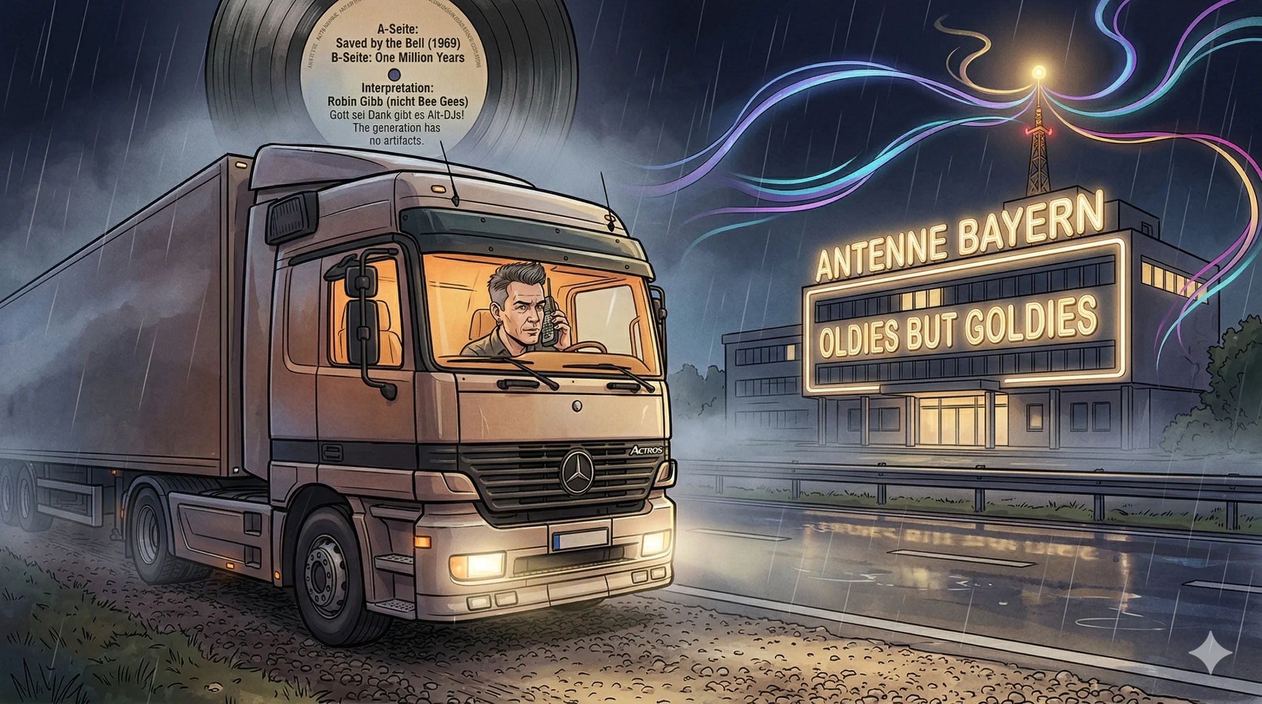 Illustration im Watercolor-Comic-Stil: DJ Tommy (als junger Trucker, Thomas, ca. 40s/50s, unverkennbar aus image_58.png) telefoniert mit einem 90er-Jahre Handy in der LKW-Kabine, im Hintergrund das leuchtende 'ANTENNE BAYERN'-Schild und 'OLDIES BUT GOLDIES', eine schwebende Schallplatte zeigt 'SAVED BY THE BELL' & 'ONE MILLION YEARS'.