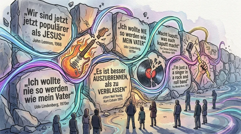 Illustration im Watercolor-Comic-Stil: Eine monumentale, fractured 'Wall of Words' des Rock & Roll. Handgeletterte, teils fragmentierte Zitate sind sichtbar, darunter: 'Wir sind jetzt populärer als Jesus' (John Lennon, 1966), 'Ich wollte nie so werden wie mein Vater' (Udo Lindenberg, 1970er), 'Hey, hey, hey, ich war der goldene Reiter' (Joachim Witt, 1981), 'Macht kaputt, was euch kaputt macht' (Rio Reiser, 1970), 'I’m just a singer in a rock and roll band' (The Moody Blues, 1972). Winding, colorful light ribbons weave through the massive structure. Small, diverse silhouettes look up at the powerful, glowing words. The atmosphere is rebellious and powerful, representing music history. No public persons are depicted.