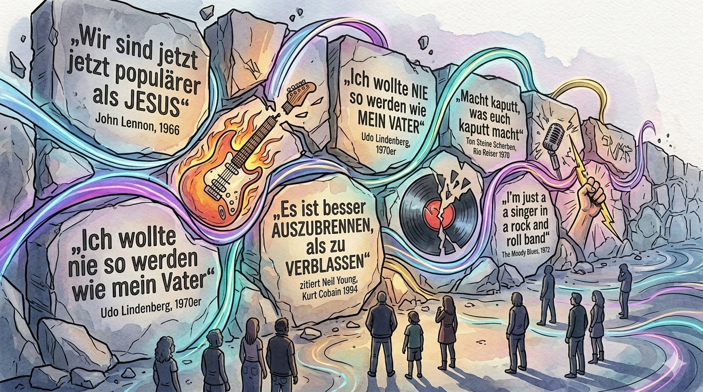 Illustration im Watercolor-Comic-Stil: Eine monumentale, fractured 'Wall of Words' des Rock & Roll. Handgeletterte, teils fragmentierte Zitate sind sichtbar, darunter: 'Wir sind jetzt populärer als Jesus' (John Lennon, 1966), 'Ich wollte nie so werden wie mein Vater' (Udo Lindenberg, 1970er), 'Hey, hey, hey, ich war der goldene Reiter' (Joachim Witt, 1981), 'Macht kaputt, was euch kaputt macht' (Rio Reiser, 1970), 'I’m just a singer in a rock and roll band' (The Moody Blues, 1972). Winding, colorful light ribbons weave through the massive structure. Small, diverse silhouettes look up at the powerful, glowing words. The atmosphere is rebellious and powerful, representing music history. No public persons are depicted.