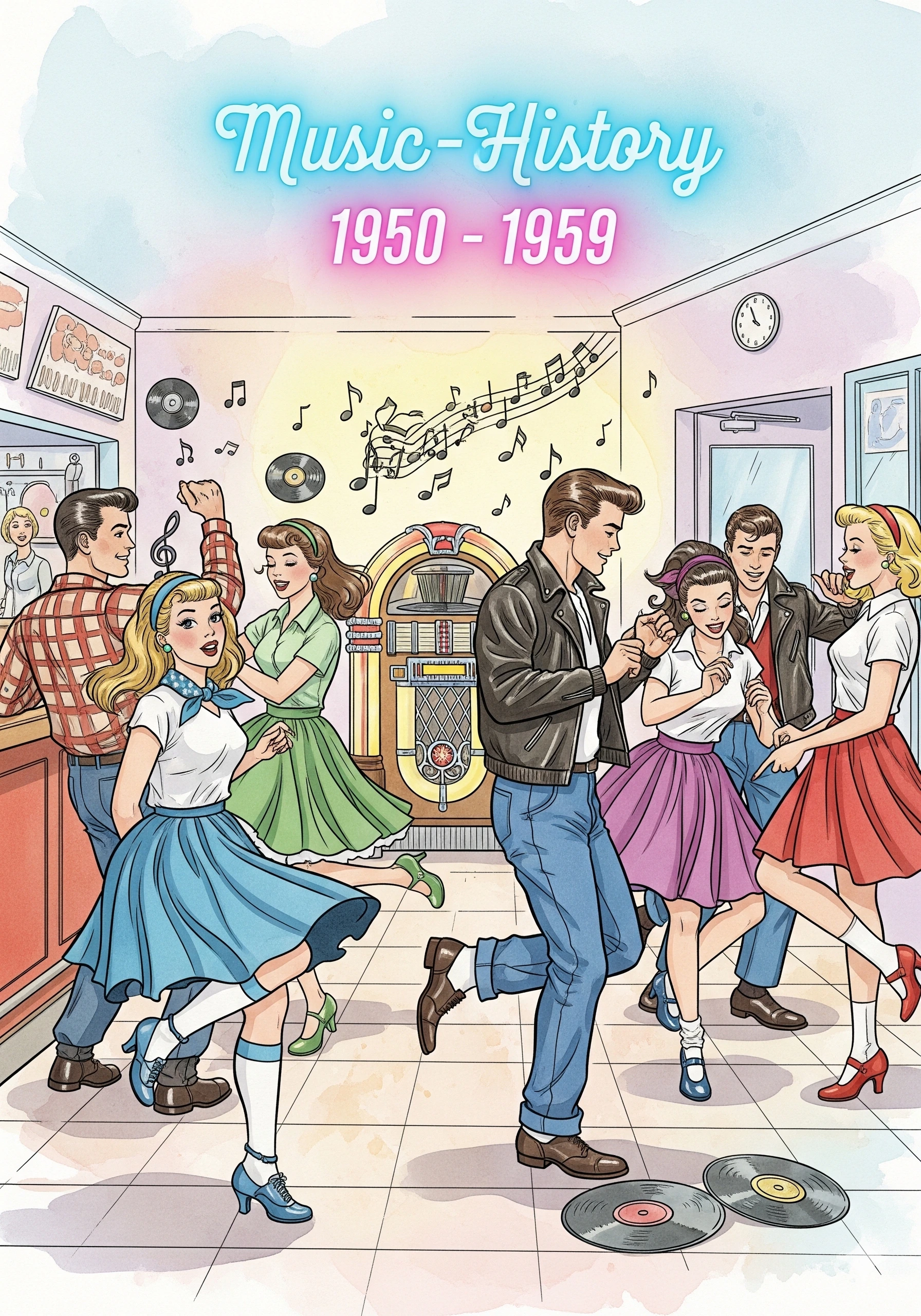 Watercolor-Comic-Illustration der 1950er Jahre Musikgeschichte mit Rock 'n' Roll Musikern, Jukebox und klassischen Instrumenten für die Enzyklopädie Music-History.