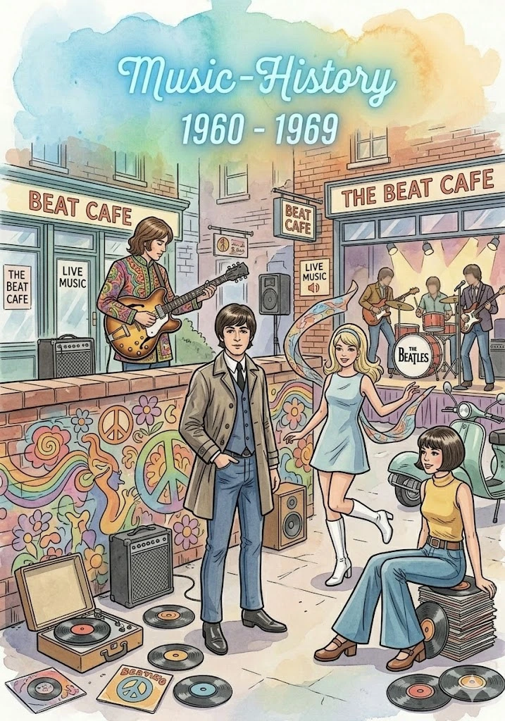 Aquarell-Comic-Cover für die 1960er Jahre Musik: Einflüsse der Beat-Ära, Psychedelic Rock und die kulturelle Revolution der Sechziger.