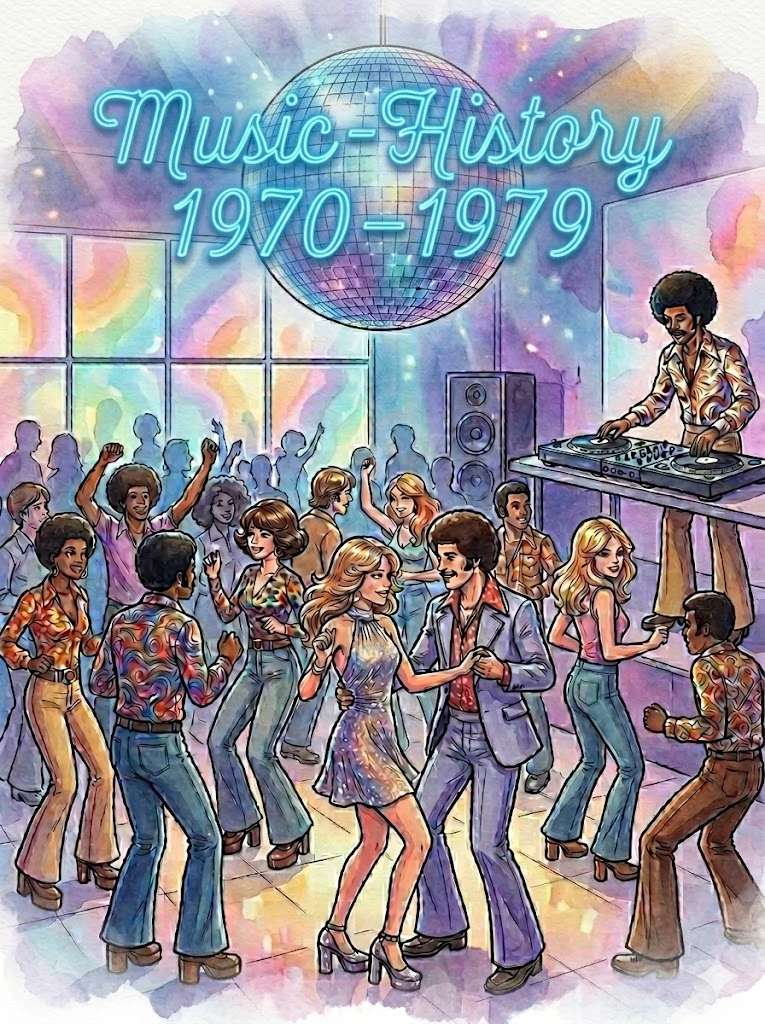 Stimmungsvolles Disco-Motiv der 1970er Jahre im Watercolor-Comic-Stil mit DJ, Spiegelkugel und tanzenden Paaren in 70er Mode für Music-History.