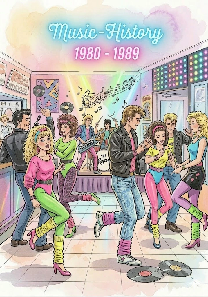 Kreatives Cover der 1980er Jahre Musikgeschichte: Synthie-Pop, bunte Neon-Farben und die Geburtsstunde von MTV im Aquarell-Stil.