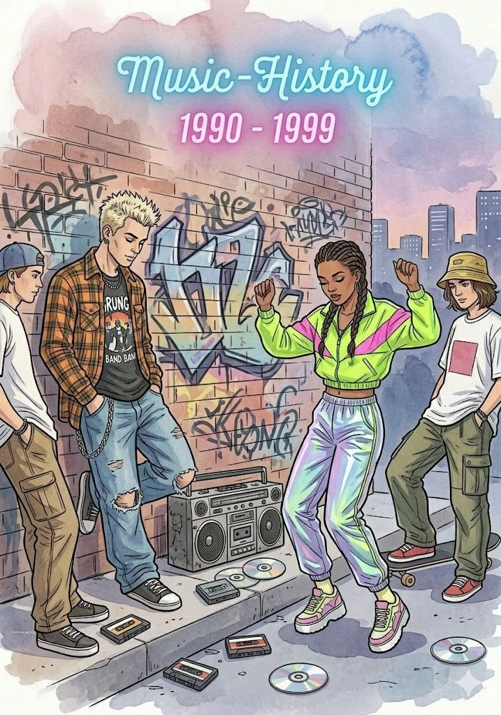 Musikgeschichte der 1990er Jahre im Comic-Design: Von Grunge über Eurodance bis Techno, illustriert als historisches Buch-Cover.