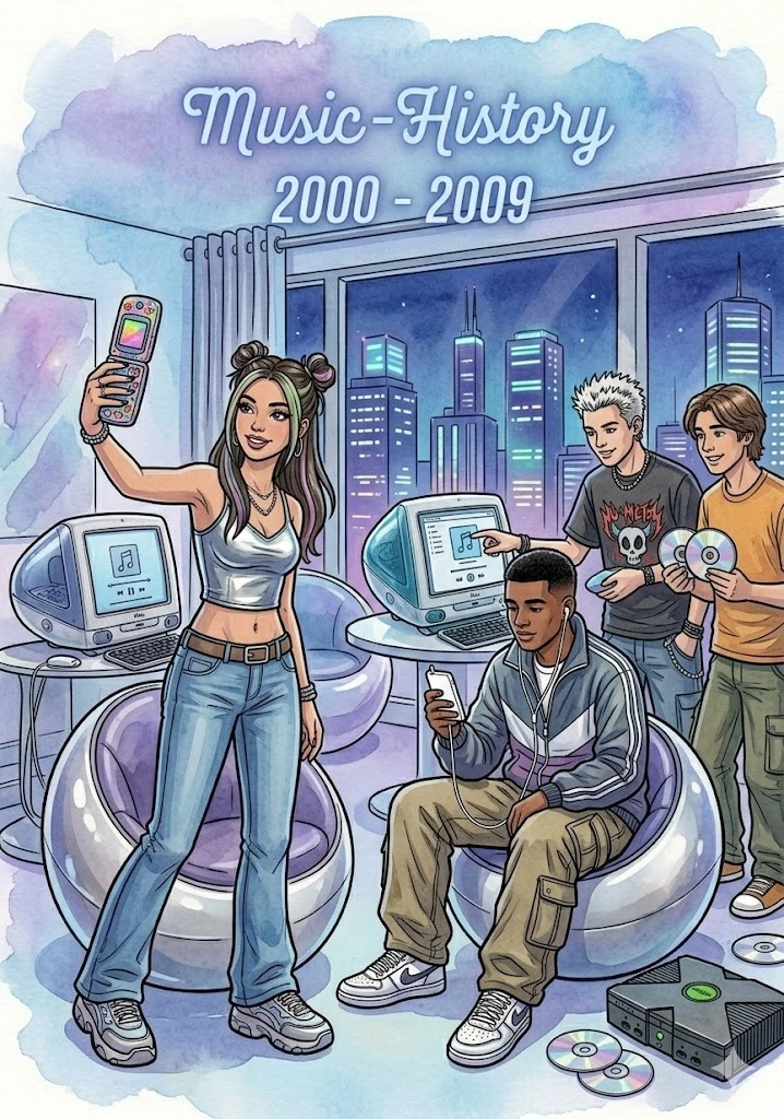 Illustration der 2000er Jahre Musik: Die digitale Revolution, MP3-Player und der Aufstieg des Pop-Mainstreams im Watercolor-Stil.
