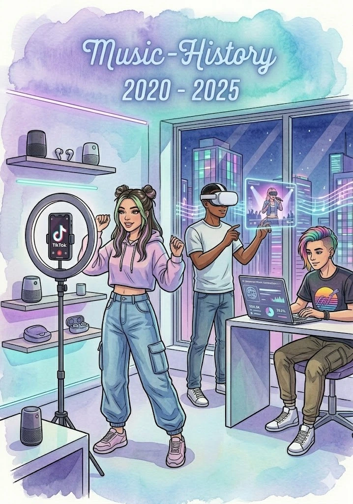 Aktuelle Musikgeschichte 2020 bis 2025 im Watercolor-Comic-Design: TikTok-Trends, VR-Konzerte und moderne Musikproduktion.