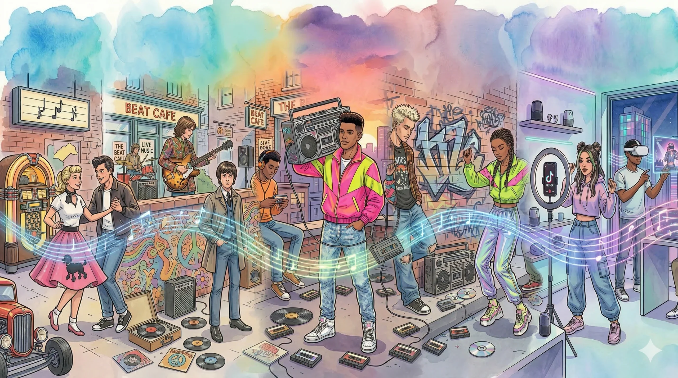 Panorama-Illustration im Watercolor-Comic-Stil der Musikgeschichte von 1950 bis 2025 mit ikonischen Instrumenten, Musikern und technologischen Meilensteinen für die Buchserie Music-History