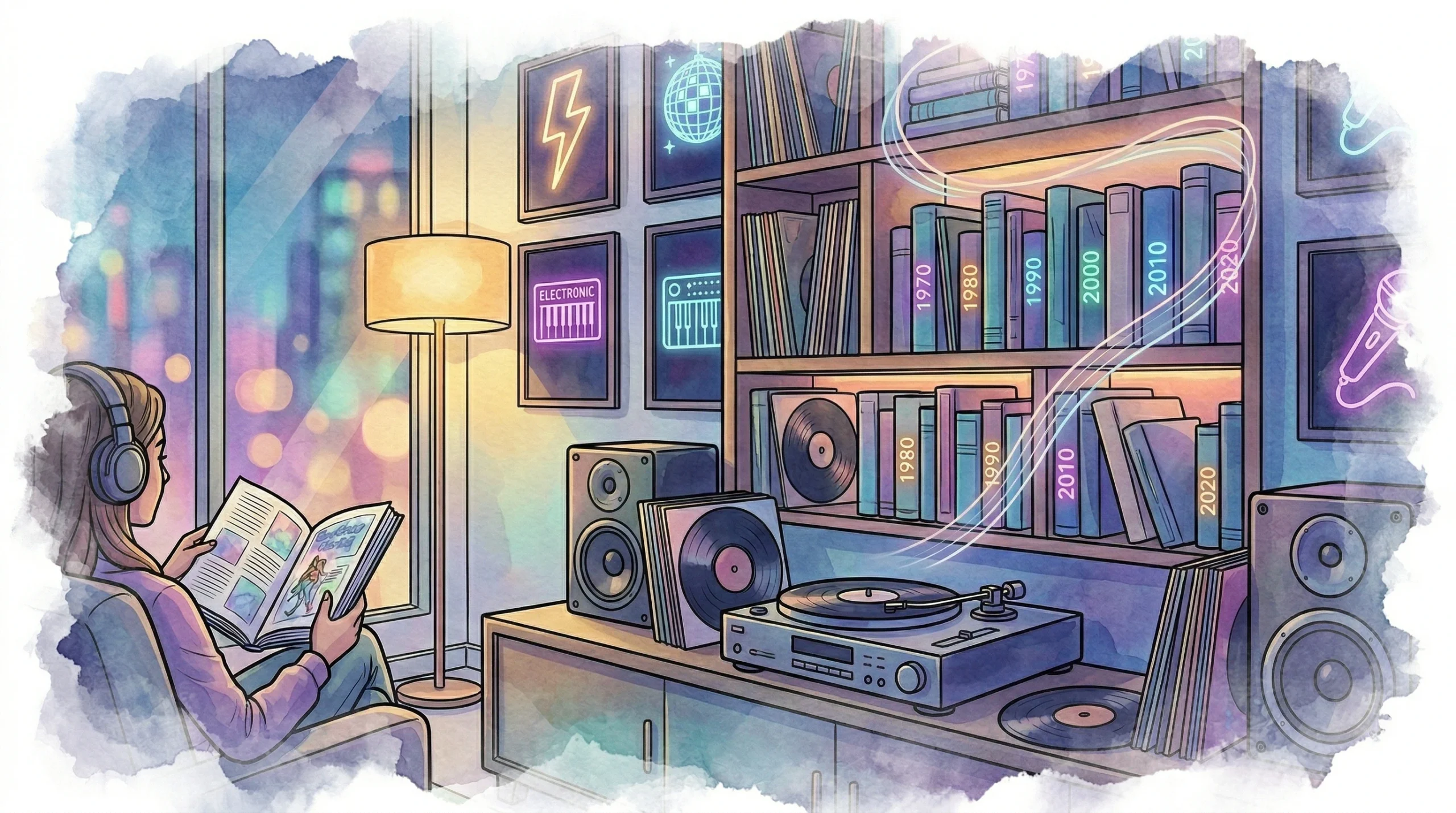 Illustration im Watercolor-Comic-Stil: Musik-Sammler im Sessel liest in der Enzyklopädie der Musikgeschichte vor einem Regal mit Jahrgangsbüchern von 1950 bis heute.